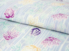 画像をギャラリービューアに読み込む, 洗える夏着物 単品 レディース 紗 ブルー グリーン ホワイト ストライプ 縞 花 柄 L サイズ 仕立上り 丸洗い 洗濯可能 和装 和服 夏きもの あす楽 wgチト