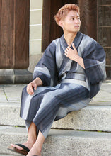 画像をギャラリービューアに読み込む, 浴衣 メンズ 単品 M L LLサイズ 近江ちぢみ ネイビー グレー 縞 グラデーション 仕立上がり 大人 紳士 男性 ゆかた 2022 和装 和服 浴衣のみ 夏祭り 花火大会 送料無料