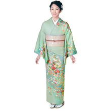 画像をギャラリービューアに読み込む, 訪問着 セット 購入 薄グリーン地 雪輪に御所車 18点フルセット フリー サイズ 仕立て上がり 洗える着物 訪問着 袋帯 長襦袢 草履 バッグ 着付け小物一式 白足袋 セット 初心者 和装 和服 着物 セット 洗