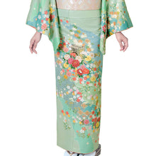 画像をギャラリービューアに読み込む, 訪問着 セット 購入 薄グリーン地 雪輪に御所車 18点フルセット フリー サイズ 仕立て上がり 洗える着物 訪問着 袋帯 長襦袢 草履 バッグ 着付け小物一式 白足袋 セット 初心者 和装 和服 着物 セット 洗