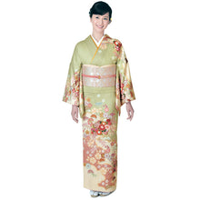 画像をギャラリービューアに読み込む, 洗える着物 訪問着 セット 18点フルセット 渋黄緑地 吉祥花薬玉柄 フリー サイズ アッシュエル HL 訪問着 袋帯 長襦袢 草履 バッグ 着付け小物一式 白足袋 和装 和服 レディース 着物 セット フォーマル