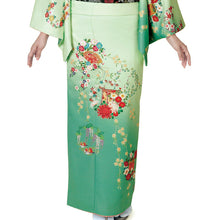 画像をギャラリービューアに読み込む, 訪問着 セット 購入 グリーンぼかし地吉祥花の丸 18点フルセット フリー サイズ 仕立て上がり 洗える着物 訪問着 袋帯 長襦袢 草履 バッグ 着付け小物一式 白足袋 セット 初心者 和装 和服 着物 セット 洗