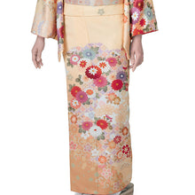 画像をギャラリービューアに読み込む, 訪問着 セット 購入 薄オレンジ地 雲取り吉祥花 18点フルセット フリー サイズ 仕立て上がり 洗える着物 訪問着 袋帯 長襦袢 草履 バッグ 着付け小物一式 白足袋 セット 初心者 和装 和服 着物セット 洗え