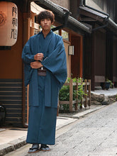 画像をギャラリービューアに読み込む, 洗える着物 セット 袷 メンズ 着物 羽織 2点セット 紬風 無地 渋青 M L LL サイズ アンサンブル 着物セット 洗える着物セット 着物 和装 和服 男性 紳士