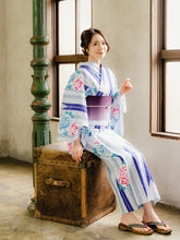 画像をギャラリービューアに読み込む, 浴衣 セット レディース 3点 セット 4柄 フリーサイズ 2023 レトロ 古典 モダン 浴衣セット 女性 大人 花火大会 夏祭り ゆかた 帯 下駄 セット ホワイト ブルー 牡丹 菊 桜 雪輪 麻の葉 矢羽 流水 20代 30代 和装 和服 半幅帯