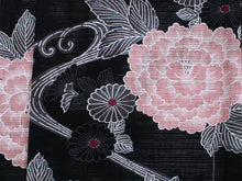 画像をギャラリービューアに読み込む, 綿絽 浴衣 夏着物 単品 レディース 仕立て上がり 洗える フリー サイズ 黒 ピンク 菊 牡丹 送料無料 女性 レディース セール対象外 KZ ekふく