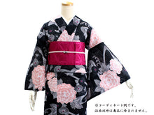 画像をギャラリービューアに読み込む, 綿絽 浴衣 夏着物 単品 レディース 仕立て上がり 洗える フリー サイズ 黒 ピンク 菊 牡丹 送料無料 女性 レディース セール対象外 KZ ekふく