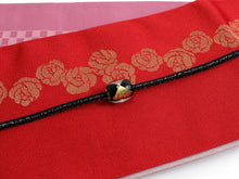 画像をギャラリービューアに読み込む, 帯 3点セット 赤 薔薇 ピンク 市松 半幅帯 黒 帯飾り レディース 女性 半巾帯 細帯 浴衣帯 リバーシブル 大人 ポリエステル 着物 洒落 和装 和服 レトロ ニラ