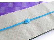 画像をギャラリービューアに読み込む, 帯 3点セット 紫 市松 オフホワイト 半幅帯 水色 帯飾り レディース 女性 半巾帯 細帯 浴衣帯 リバーシブル 大人 ポリエステル 着物 洒落 和装 和服 レトロ ニワ