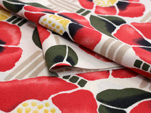 画像をギャラリービューアに読み込む, 洗える着物 セミオーダー付き 反物 単品 みすゞうた 赤 緑 郵便局と椿 椿 格子 可愛い ポップ 柄 レディース 女性 小紋 和装 和服 XS S M L XL サイズ 広幅 クイーンサイズ 袷 単衣 羽織 コート 送料無料 kt
