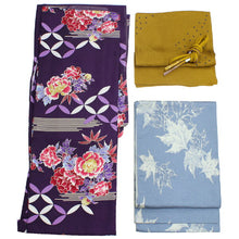画像をギャラリービューアに読み込む, 洗える着物 コーディネートセット 袷 Lサイズ 小紋 名古屋帯 正絹 帯揚げ帯締め 4点セット レディース 女性 濃紫 七宝 牡丹 着物 ブルー 楓 帯 なごや帯 プレタ 和装 和服 きものセット アンティーク風 kimono