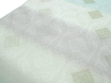 画像をギャラリービューアに読み込む, 名古屋帯 夏 紗 単品 正絹 仕立て付き 九寸 なごや帯 六通 フォーマル 西陣織 三幸織物謹製 証紙付き グリーン 藤色 轡唐草 花菱 女性 レディース 着物 お茶 和装 和服 新品 日本製 送料無料