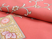 画像をギャラリービューアに読み込む, 洗える着物 単衣 4点セット フリーサイズ サーモンピンク 菱 菊 唐草 小紋 黒地 名古屋帯 帯あげ 帯〆 古典柄 上品 レディース 女性 きもの 和装 和服 送料無料 あす楽 初夏 初秋