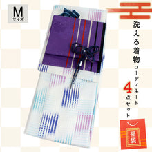 画像をギャラリービューアに読み込む, 洗える着物 コーディネートセット 袷 名古屋帯 正絹帯揚げ帯締め Mサイズ 4点セット 小紋 レディース 女性 白地 ブルー系絣格子柄 着物 紫地 縞柄 帯 帯あげ 帯〆 プレタ 和装 和服 きものセット 送料無料 あす楽
