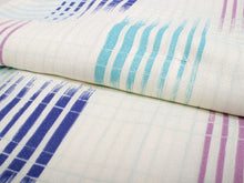 画像をギャラリービューアに読み込む, 洗える着物 コーディネートセット 袷 名古屋帯 正絹帯揚げ帯締め Mサイズ 4点セット 小紋 レディース 女性 白地 ブルー系絣格子柄 着物 紫地 縞柄 帯 帯あげ 帯〆 プレタ 和装 和服 きものセット 送料無料 あす楽