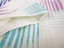 画像をギャラリービューアに読み込む, 洗える着物 コーディネートセット 袷 名古屋帯 正絹帯揚げ帯締め Mサイズ 4点セット 小紋 レディース 女性 白地 ブルー系絣格子柄 着物 紫地 縞柄 帯 帯あげ 帯〆 プレタ 和装 和服 きものセット 送料無料 あす楽