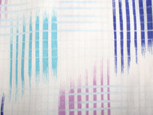 画像をギャラリービューアに読み込む, 洗える着物 コーディネートセット 袷 名古屋帯 正絹帯揚げ帯締め Mサイズ 4点セット 小紋 レディース 女性 白地 ブルー系絣格子柄 着物 紫地 縞柄 帯 帯あげ 帯〆 プレタ 和装 和服 きものセット 送料無料 あす楽