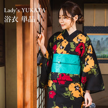 画像をギャラリービューアに読み込む, 浴衣 単品 レディース 黒地イエロー・レッド洋花柄 フリーサイズ 浴衣のみ 浴衣単品 2022 大人 ゆかた 粋 レトロ モダン 和装 和服 女性 夏祭り 花火大会