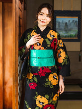 画像をギャラリービューアに読み込む, 浴衣 単品 レディース 黒地イエロー・レッド洋花柄 フリーサイズ 浴衣のみ 浴衣単品 2022 大人 ゆかた 粋 レトロ モダン 和装 和服 女性 夏祭り 花火大会