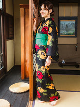 画像をギャラリービューアに読み込む, 浴衣 単品 レディース 黒地イエロー・レッド洋花柄 フリーサイズ 浴衣のみ 浴衣単品 2022 大人 ゆかた 粋 レトロ モダン 和装 和服 女性 夏祭り 花火大会
