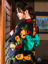 画像をギャラリービューアに読み込む, 浴衣 単品 レディース 黒地イエロー・レッド洋花柄 フリーサイズ 浴衣のみ 浴衣単品 2022 大人 ゆかた 粋 レトロ モダン 和装 和服 女性 夏祭り 花火大会