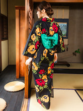 画像をギャラリービューアに読み込む, 浴衣 単品 レディース 黒地イエロー・レッド洋花柄 フリーサイズ 浴衣のみ 浴衣単品 2022 大人 ゆかた 粋 レトロ モダン 和装 和服 女性 夏祭り 花火大会