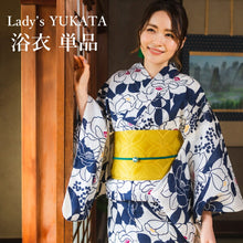 画像をギャラリービューアに読み込む, 浴衣 単品 レディース オフホワイト地濃紺椿と萩柄 フリーサイズ 浴衣のみ 浴衣単品 2022 大人 ゆかた 粋 レトロ モダン 和装 和服 女性 夏祭り 花火大会