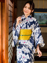 画像をギャラリービューアに読み込む, 浴衣 単品 レディース オフホワイト地濃紺椿と萩柄 フリーサイズ 浴衣のみ 浴衣単品 2022 大人 ゆかた 粋 レトロ モダン 和装 和服 女性 夏祭り 花火大会