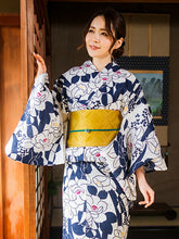 画像をギャラリービューアに読み込む, 浴衣 単品 レディース オフホワイト地濃紺椿と萩柄 フリーサイズ 浴衣のみ 浴衣単品 2022 大人 ゆかた 粋 レトロ モダン 和装 和服 女性 夏祭り 花火大会