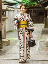 画像をギャラリービューアに読み込む, 浴衣 単品 レディース 生成り地麻の葉にライン柄 フリーサイズ 浴衣のみ 浴衣単品 2022 大人 ゆかた yukata 綿 麻 粋 レトロ モダン 和装 和服 女性 夏祭り 花火大会