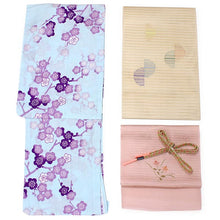 画像をギャラリービューアに読み込む, 洗える夏着物 コーディネート 4点セット L サイズ 水色地 枝梅柄 夏きもの 半円幾何学柄 絽つづれ 名古屋帯 絽 帯揚げ 平組 帯締め 和装 和服 レディース 女性 カジュアル 普段着 おでかけ お気軽 上品 夏 吸汗速乾 き