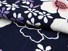 画像をギャラリービューアに読み込む, 洗える夏着物 コーディネート 4点セット L サイズ 紺地 牡丹柄 夏きもの 幾何学ストライプ柄 絽つづれ 名古屋帯 絽 帯揚げ 丸組 帯締め 和装 和服 レディース 女性 カジュアル 普段着 おでかけ お気軽 上品 夏 吸汗速乾