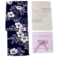 画像をギャラリービューアに読み込む, 洗える夏着物 コーディネート 4点セット L サイズ 紺地 牡丹柄 夏きもの 幾何学ストライプ柄 絽つづれ 名古屋帯 絽 帯揚げ 丸組 帯締め 和装 和服 レディース 女性 カジュアル 普段着 おでかけ お気軽 上品 夏 吸汗速乾