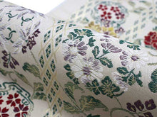 画像をギャラリービューアに読み込む, 袋帯 礼装 軽め ベージュ 金 白 緑 赤 花唐草 花 牡丹 萩 菊 梅 単品 新品 訪問着 セミフォーマル カジュアル ポリエステル 洗える 仕立て上がり プレタ レディース 女性 和服 和装 着物 送料無料