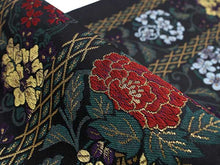 画像をギャラリービューアに読み込む, 袋帯 礼装 軽め 黒 金 紫 緑 赤 花唐草 花 牡丹 萩 菊 梅 単品 新品 訪問着 セミフォーマル カジュアル ポリエステル 洗える 仕立て上がり プレタ レディース 女性 和服 和装 着物 送料無料
