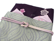 画像をギャラリービューアに読み込む, 洗える着物 コーディネートセット Mサイズ 単衣 濃紫 露芝 桜 うさぎ 着物 緑 波 名古屋帯 薄紫 正絹帯揚げ帯締め 4点セット 小紋 レディース 女性 着物 帯 帯あげ 帯〆 プレタ 和装 和服