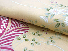 画像をギャラリービューアに読み込む, 洗える着物 コーディネートセット Lサイズ 単衣 ベージュ 道長取り 菊 着物 黄色 花 名古屋帯 赤 正絹帯揚げ帯締め 4点セット 小紋 レディース 女性 着物 帯 帯あげ 帯〆 プレタ 和装 和服