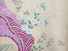 画像をギャラリービューアに読み込む, 洗える着物 コーディネートセット Lサイズ 単衣 ベージュ 道長取り 菊 着物 黄色 花 名古屋帯 赤 正絹帯揚げ帯締め 4点セット 小紋 レディース 女性 着物 帯 帯あげ 帯〆 プレタ 和装 和服