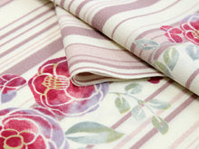 画像をギャラリービューアに読み込む, 洗える着物 セミオーダー付き 反物 単品 金子みすゞ みすゞうた ベージュピンク 縞 椿 XS・S・M・L・XLサイズから選べる 上品 かわいい レディース 女性 小紋 和装 和服 袷 単衣 きもの 羽織 コート 送料無料