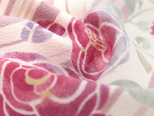 画像をギャラリービューアに読み込む, 洗える着物 セミオーダー付き 反物 単品 金子みすゞ みすゞうた ベージュピンク 縞 椿 XS・S・M・L・XLサイズから選べる 上品 かわいい レディース 女性 小紋 和装 和服 袷 単衣 きもの 羽織 コート 送料無料