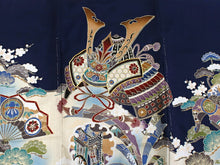 画像をギャラリービューアに読み込む, お宮参り 産着 男の子 紺 兜 扇 束ね熨斗 着物 長襦袢 セット 古典 七五三 3歳 5歳 青 祝着 のしめ うぶぎ 和装 和服 正装