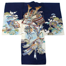 画像をギャラリービューアに読み込む, お宮参り 産着 男の子 紺 兜 扇 束ね熨斗 着物 長襦袢 セット 古典 七五三 3歳 5歳 青 祝着 のしめ うぶぎ 和装 和服 正装