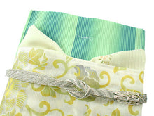 画像をギャラリービューアに読み込む, 洗える夏着物 コーディネートセット 4点セット Mサイズ 緑 縞 きもの 黄色 牡丹唐草 名古屋帯 薄抹茶 薄グレー 正絹帯揚げ帯締め 紗 小紋 レディース 女性 プレタ 和装 和服