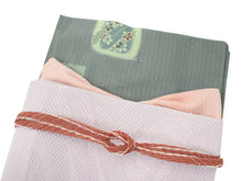 画像をギャラリービューアに読み込む, 洗える夏着物 コーディネートセット 4点セット Lサイズ 緑灰 桜 鹿の子 きもの 薄ピンク 流水 名古屋帯 薄橙 濃ピンク 正絹帯揚げ帯締め 薄物 小紋 レディース 女性 プレタ 和装 和服