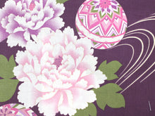 画像をギャラリービューアに読み込む, 浴衣 セット レディース 2点セット フリーサイズ 濃紫 牡丹 ゆかた 濃緑 ストライプ 帯 手毬 無地 半幅帯 女性 大人 浴衣セット 仕立て上がり プレタ 和装 和服 花火大会 夏祭り