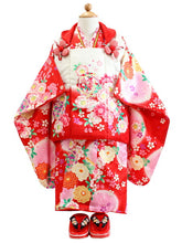 画像をギャラリービューアに読み込む, 七五三 正絹 着物 3歳 女の子 被布6点フルセット 赤 桜 三ツ身着物 白 鞠 被布 菊 被布コート 長襦袢 刺繍半衿 重ね衿 髪飾り 巾着 草履 被布セット 三歳 753 祝着 ギフト