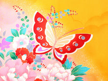 画像をギャラリービューアに読み込む, 七五三 着物 7歳 正絹 フルセット 購入 20点フルセット 渋黄色地御所車に蝶と毬 四つ身着物 長襦袢 結び帯 はこせこセット 肌着裾除け 帯揚げ しごき 足袋 753