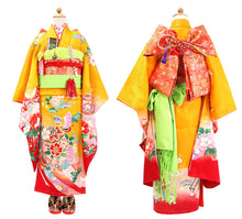 画像をギャラリービューアに読み込む, 七五三 着物 7歳 正絹 フルセット 購入 20点フルセット 渋黄色地御所車に蝶と毬 四つ身着物 長襦袢 結び帯 はこせこセット 肌着裾除け 帯揚げ しごき 足袋 753