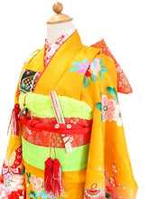 画像をギャラリービューアに読み込む, 七五三 着物 7歳 正絹 フルセット 購入 20点フルセット 渋黄色地御所車に蝶と毬 四つ身着物 長襦袢 結び帯 はこせこセット 肌着裾除け 帯揚げ しごき 足袋 753