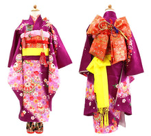 画像をギャラリービューアに読み込む, 七五三 着物 7歳 正絹 フルセット 購入 20点フルセット 濃紫地手毬に桜流水 四つ身着物 長襦袢 結び帯 はこせこセット 肌着裾除け 帯揚げ しごき 足袋 753